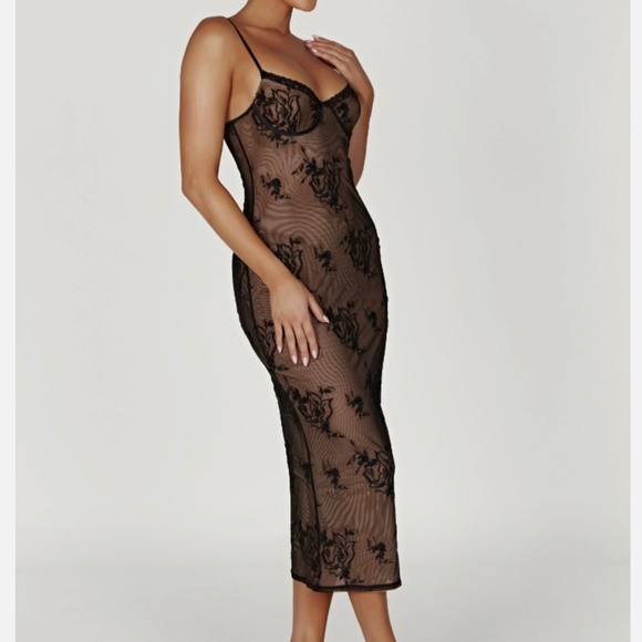 Meshki Dresses & Skirts - Meshki Embroidered Mesh Midi Dress- Black